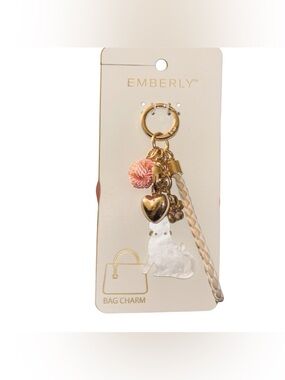 Emberly Gold & Cream Cat Bag Charm Keychain with Pink Pom